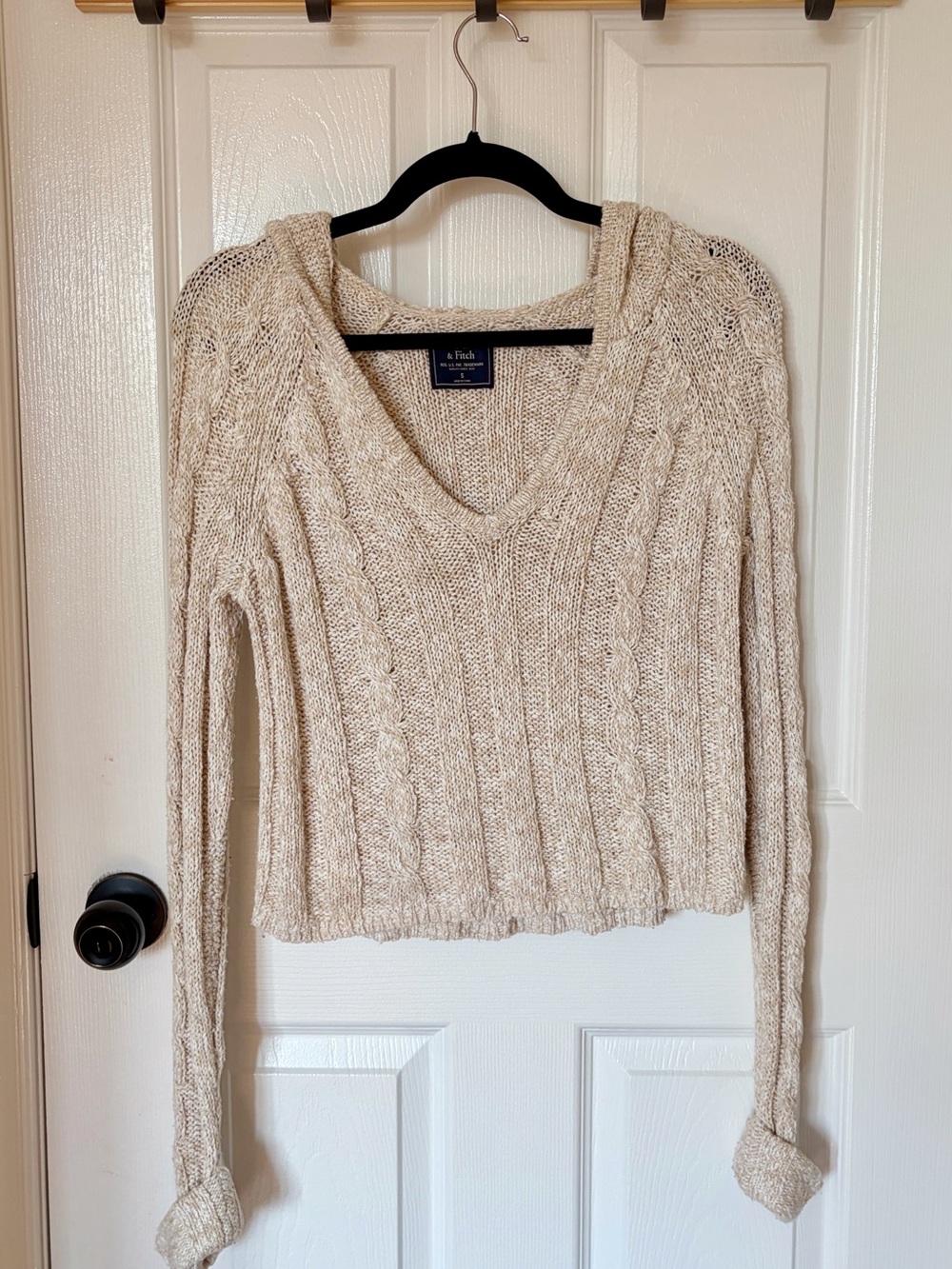 Abercrombie & Fitch Cream Cable-Knit V-Neck Hooded knit Sweater